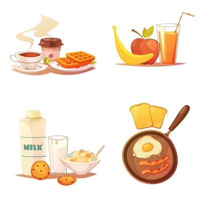 Four colored icons compositions on white background with different kits of food products for breakfast flat vector illustration