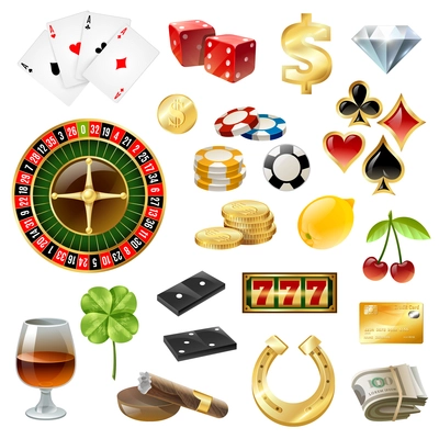 Dice poker chips casino equipment and gambling supply with glass wine sigaar glossy icons collection isolated vector illustration