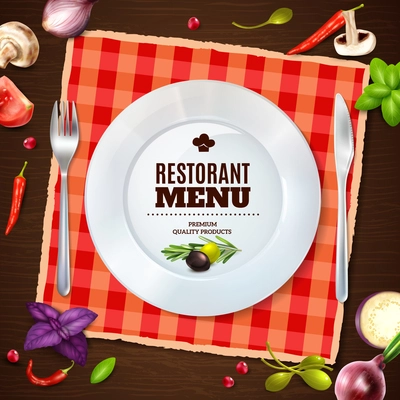 Restaurant menu front page with plate and  cutlery set on napkin realistic background advertisement poster vector illustration