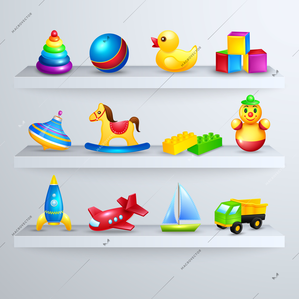 Decorative children toys set of rocking horse yacht airplane on a shelf vector illustration