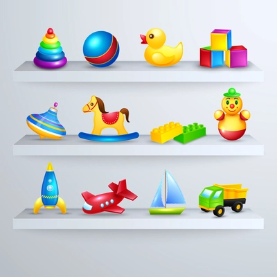 Decorative children toys set of rocking horse yacht airplane on a shelf vector illustration