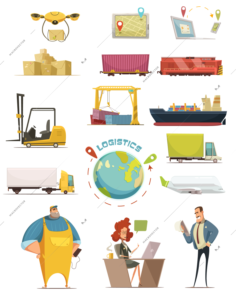 Logistics cartoon icons set with cargo symbols isolated vector illustration