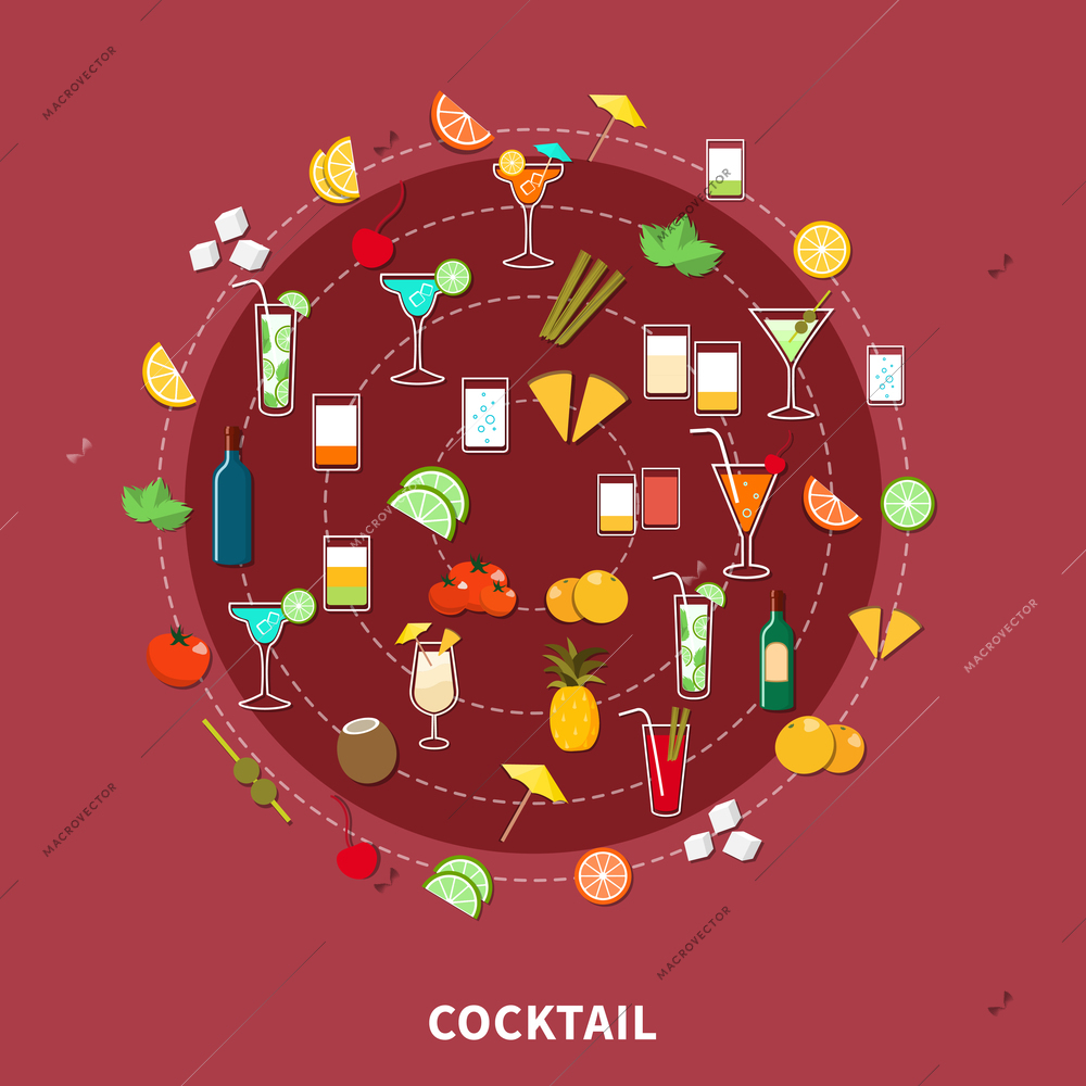 Cocktail icon set of alcoholic drinks and their ingredients in flat style vector illustration