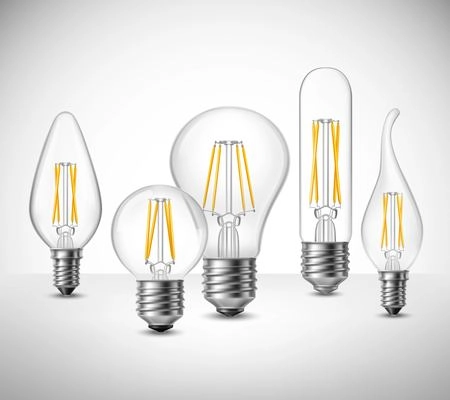 Realistic set of filament led lightbulbs on grey surface vector illustration