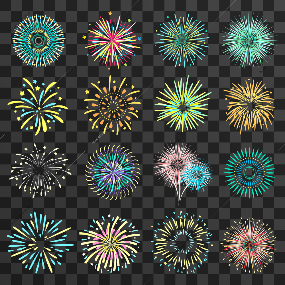 Set of isolated brightly celebration firework balls on dark transparent background flat vector illustration