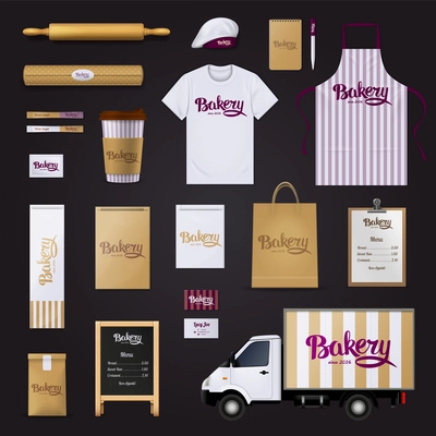 Deliciously creative bakery pastry shop visual corporate identity stripes design template basic items collection black background vector illustration