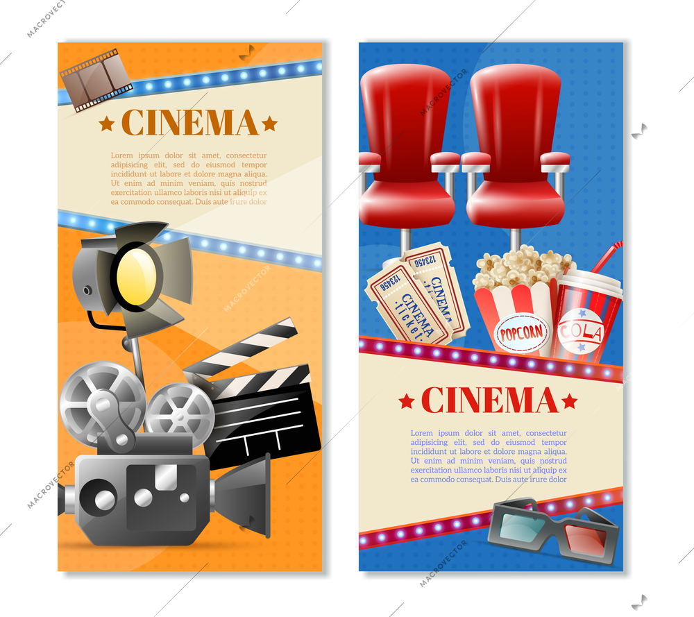 Cinema 2 retro vertical banners set with movie theater tickets seats popcorn and camera light isolated vector illustration