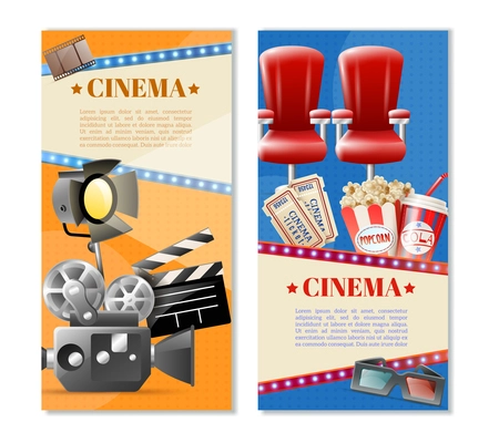 Cinema 2 retro vertical banners set with movie theater tickets seats popcorn and camera light isolated vector illustration