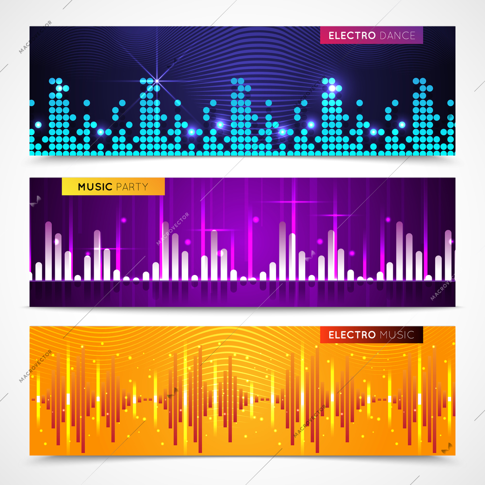 Audio equalizer horizontal banners set with music party symbols flat isolated vector illustration