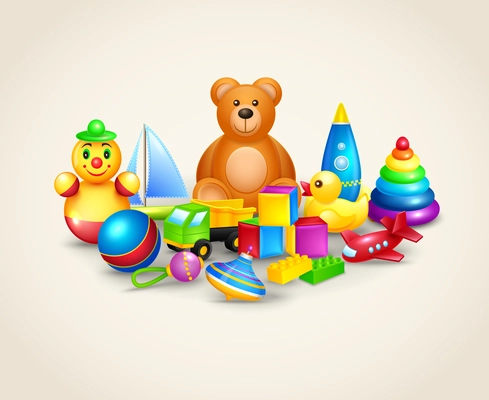 Decorative kids toys composition of ball yacht peg top teddy bear vector illustration