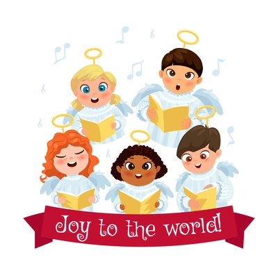 Little kids in angel costumes going Christmas caroling flat composition vector illustration