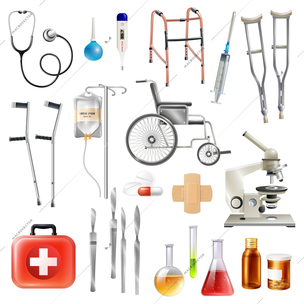 Healthcare medical accessories and equipment flat icons collection with walking aids crutches and scalpel isolated vector illustration