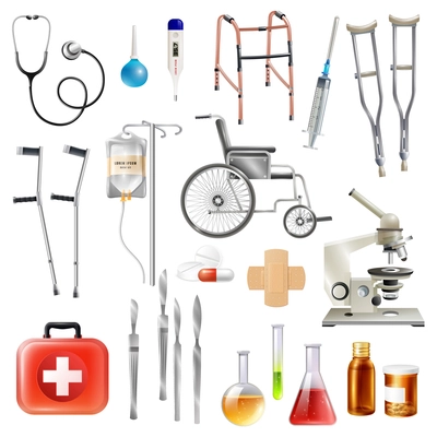 Healthcare medical accessories and equipment flat icons collection with walking aids crutches and scalpel isolated vector illustration