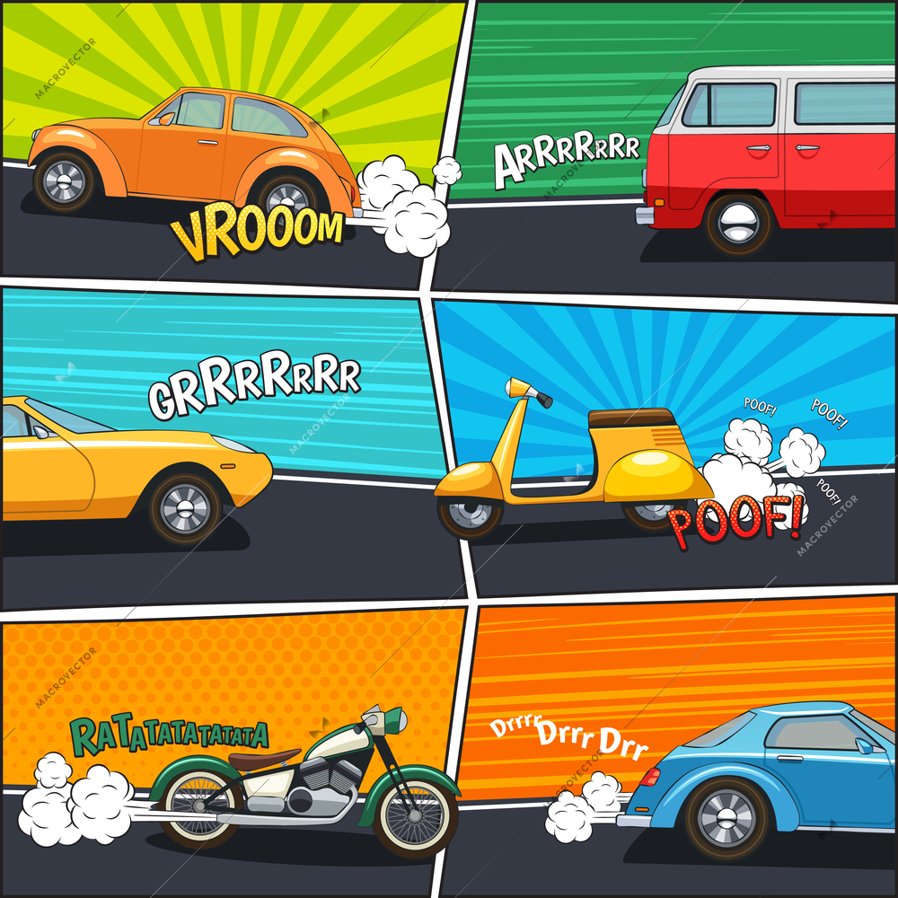 Transport comic frames with moving cars van motorcycle and scooter on colorful backgrounds flat vector illustration