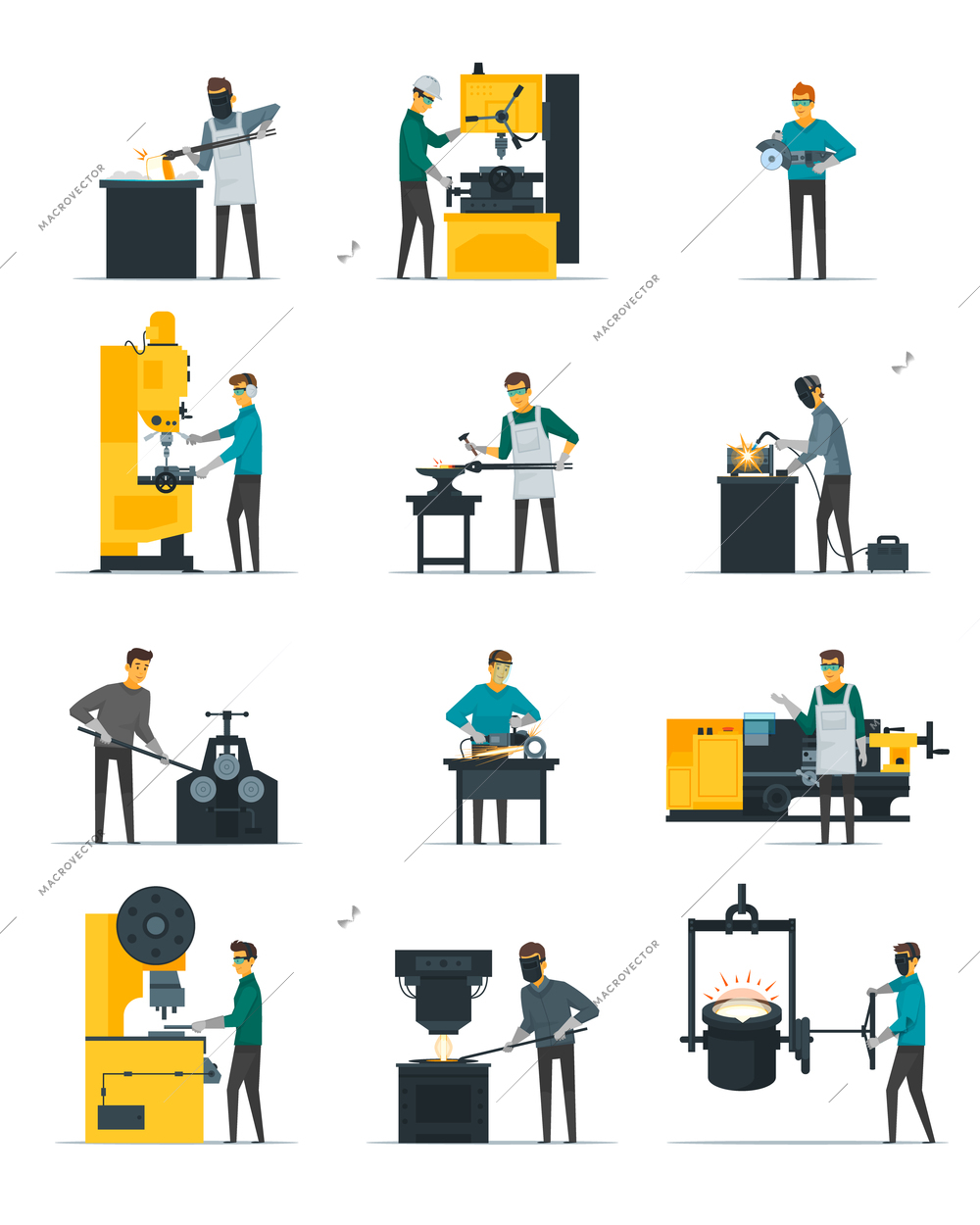 Blacksmith at work flat icons set with metal melting casting forging and hammering on anvil isolated vector illustration