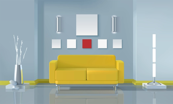 Modern living room interior design with yellow sofa and lamps realistic vector illustration