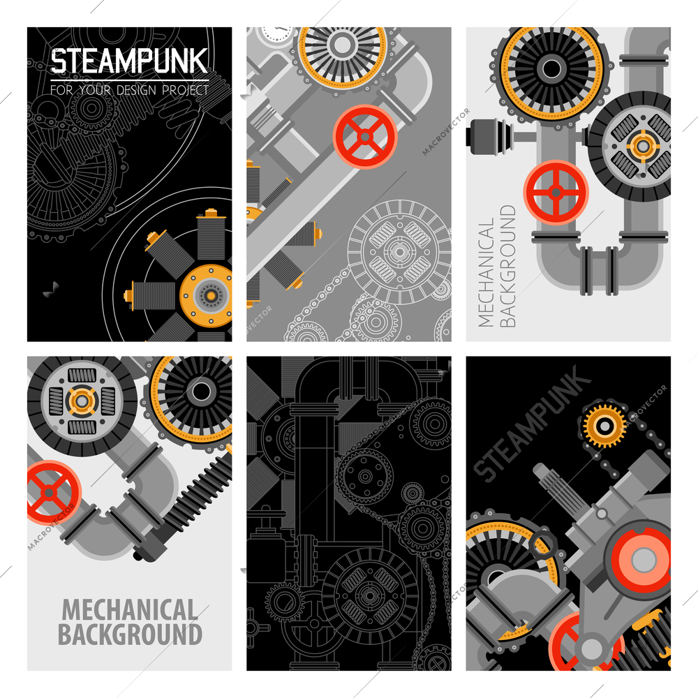 Machinery parts brochures design with industrial pipes mechanisms valves cogwheels and gears vector illustration