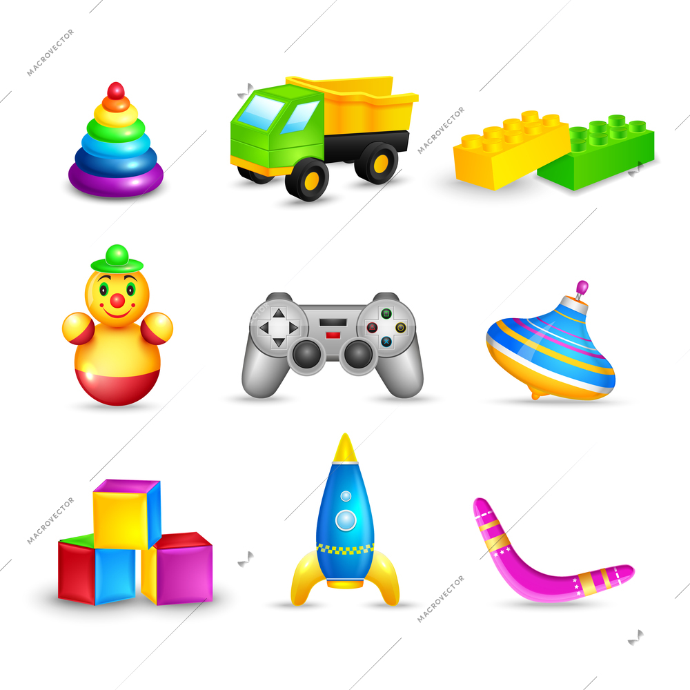 Decorative children toys icons set of truck building blocks space rocket isolated vector illustration