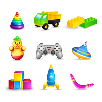 Decorative children toys icons set of truck building blocks space rocket isolated vector illustration