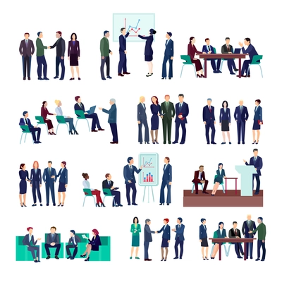 Business people groups collection at meetings briefings conference discussing different projects and financial strategies isolated vector illustration