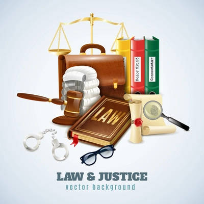 Law and justice legal system objects and symbols composition background poster with balance and judge wig vector illustration