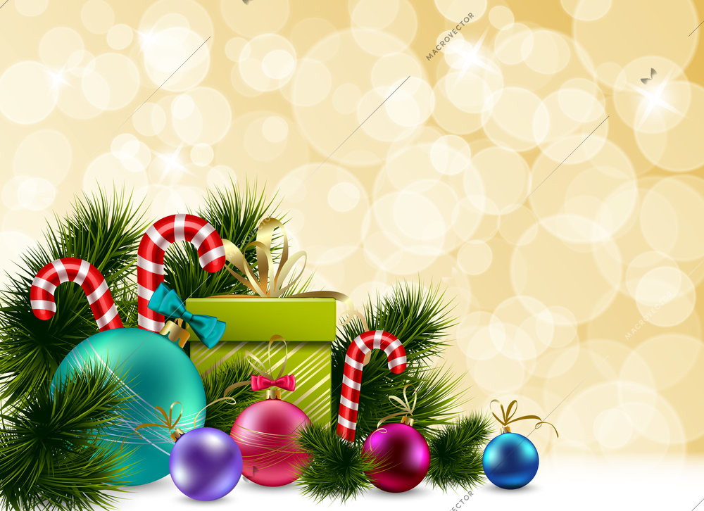 Colorful Christmas template with fir branches balls candies and present box vector illustration