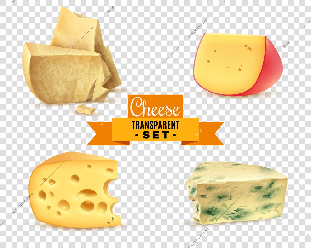 Best quality special cheeses realistic images composition with edam maasdam parmesan and dorblu transparent background vector illustration
