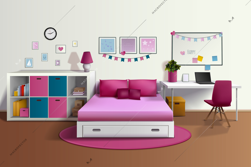 Girl room realistic interior with pink bed chair bookshelf photo frames desk laptop pillows carpet vector illustration