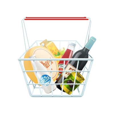 Shopping basket concept with wine cheese and ketchup realistic vector illustration