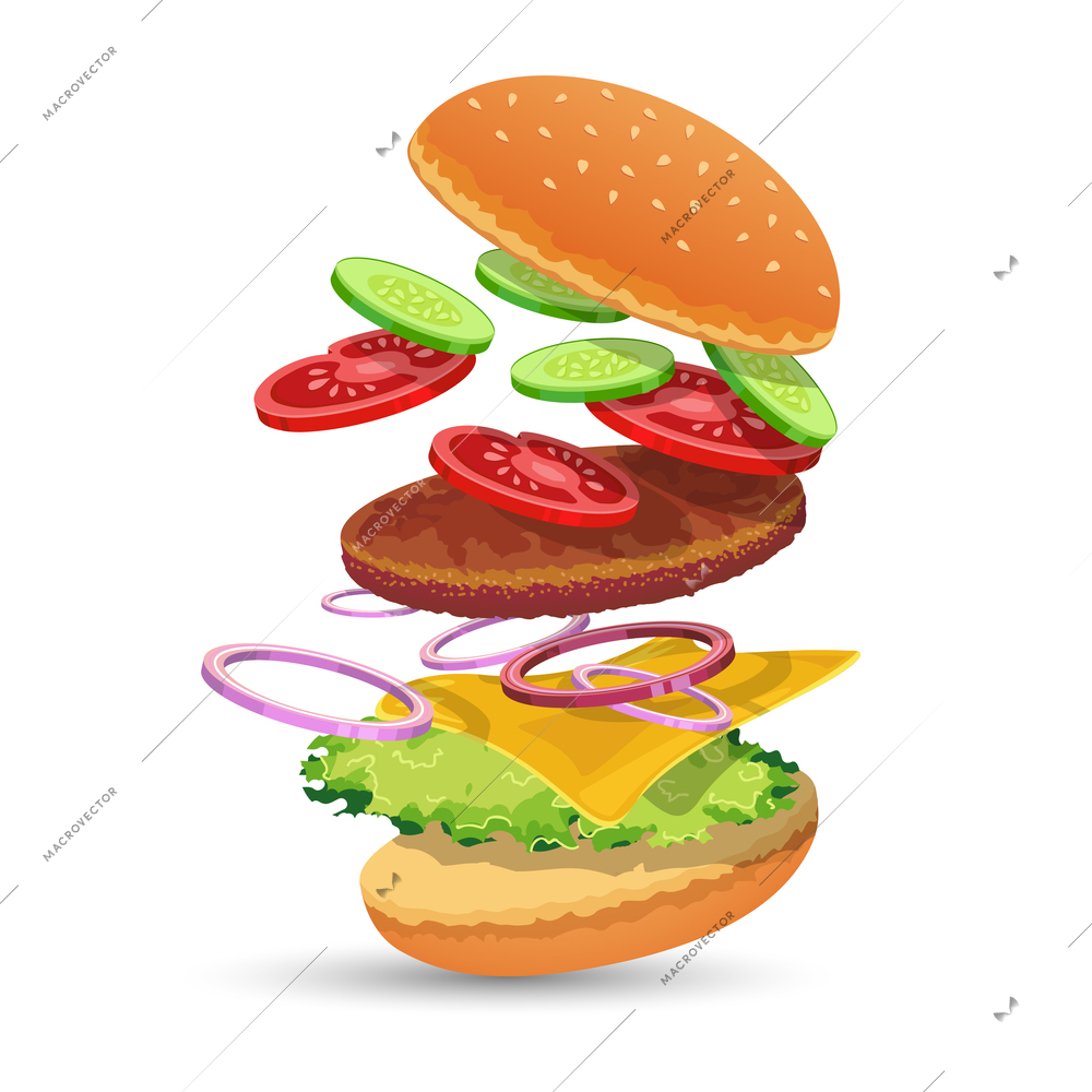 Hamburger ingredients food set of bread cucumber tomato meat onion cheese lettuce emblem vector illustration