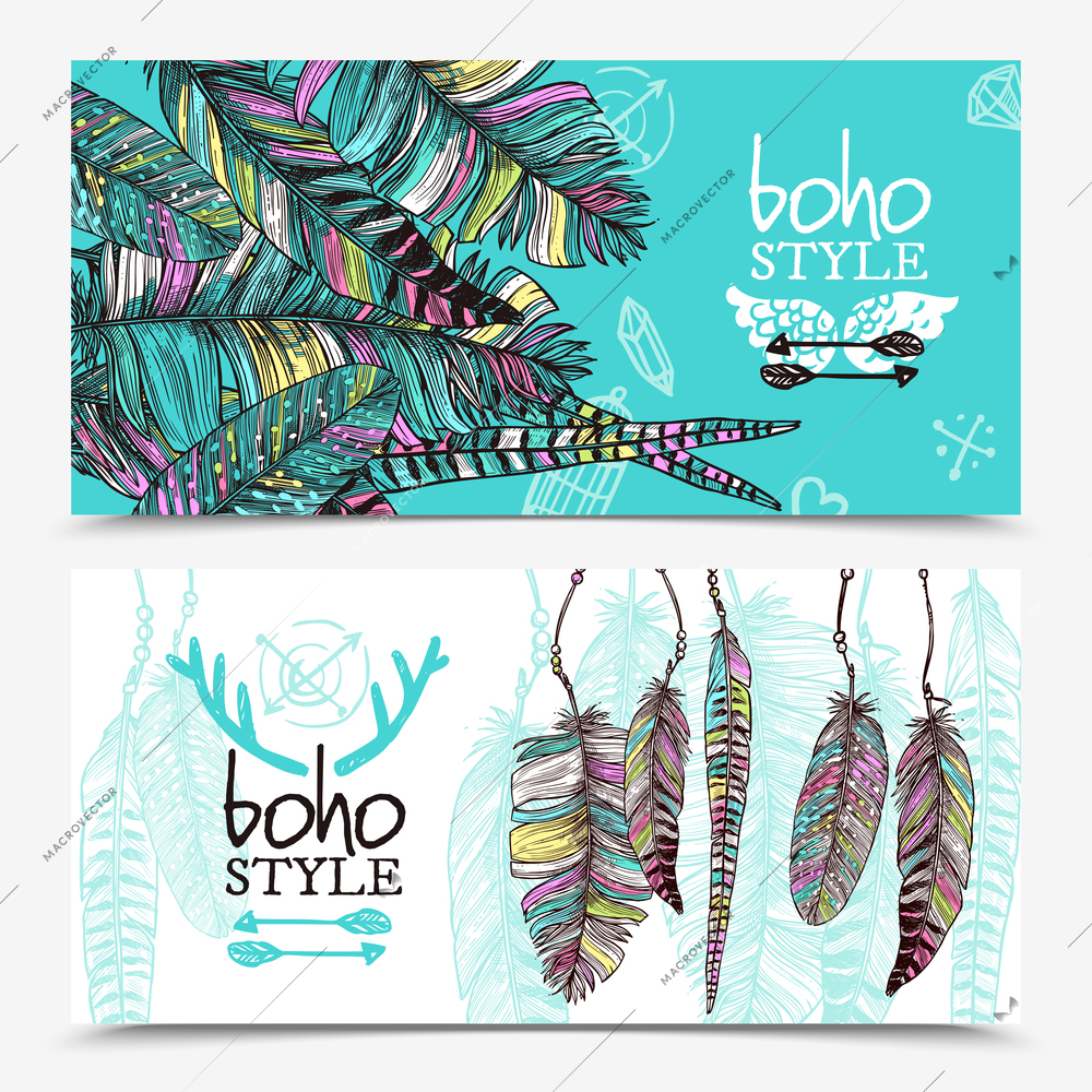 Sketch feathers horizontal banners with colorful plumes branches in boho style vector illustration