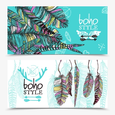 Sketch feathers horizontal banners with colorful plumes branches in boho style vector illustration