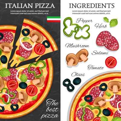 Flat design vertical banners with best italian pizza and its ingredients isolated vector illustration