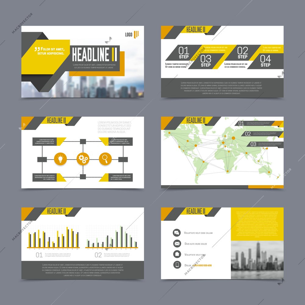 Company presentation templates set on grey background flat isolated vector illustration