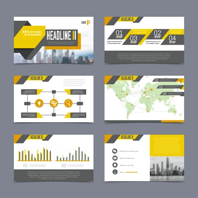 Company presentation templates set on grey background flat isolated vector illustration