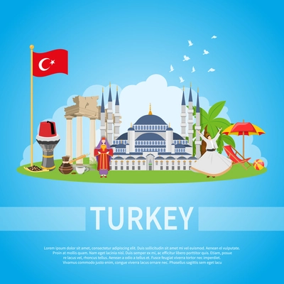 Turkey flat design composition with mosque man and woman in ethnic clothes and historical landmarks icons vector illustration