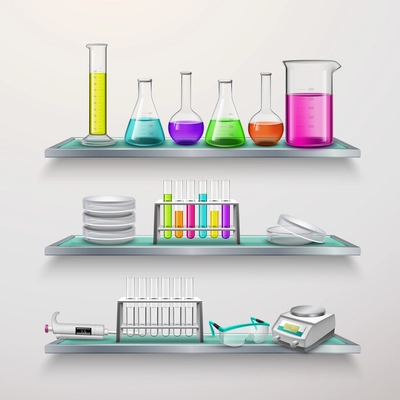 Laboratory equipment on three glass shelves composition with test tubes colorful liquids in vessels flat vector illustration