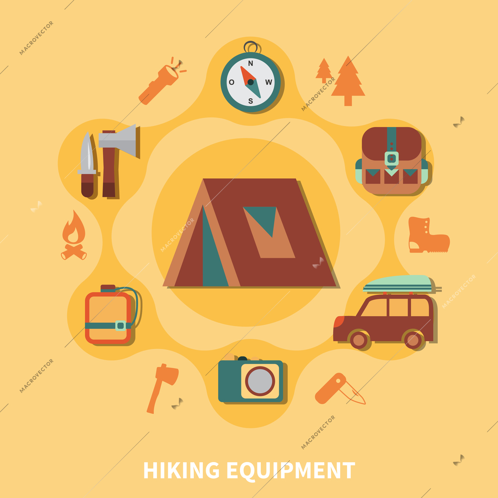 Hiking equipment and accessories for tourists and elements vector illustration