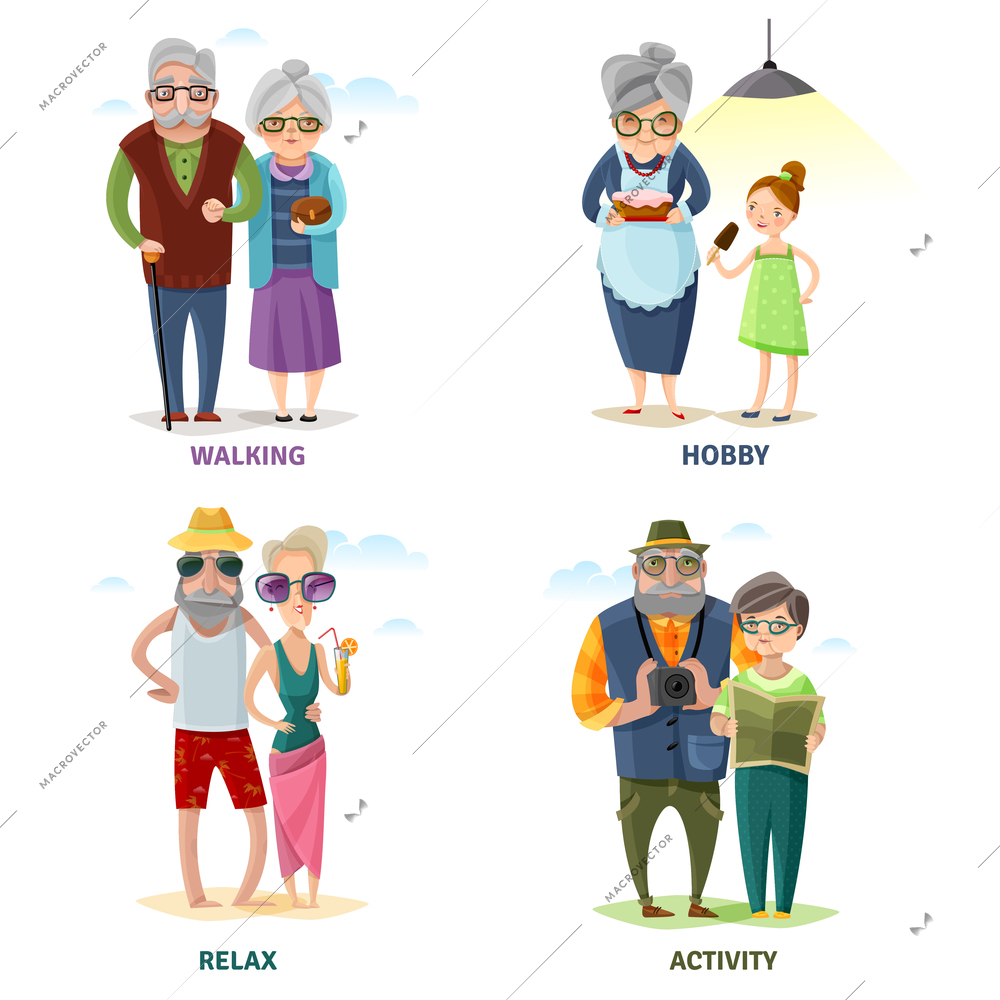 Old people cartoon collection in different activities and situations isolated vector illustration