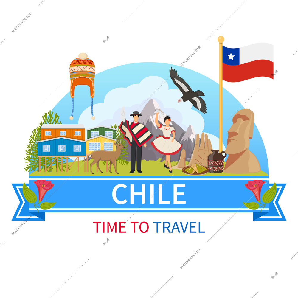 Chile flat composition with man and woman in ethnic clothes flora and fauna of national Park and historical landmarks icons vector illustration