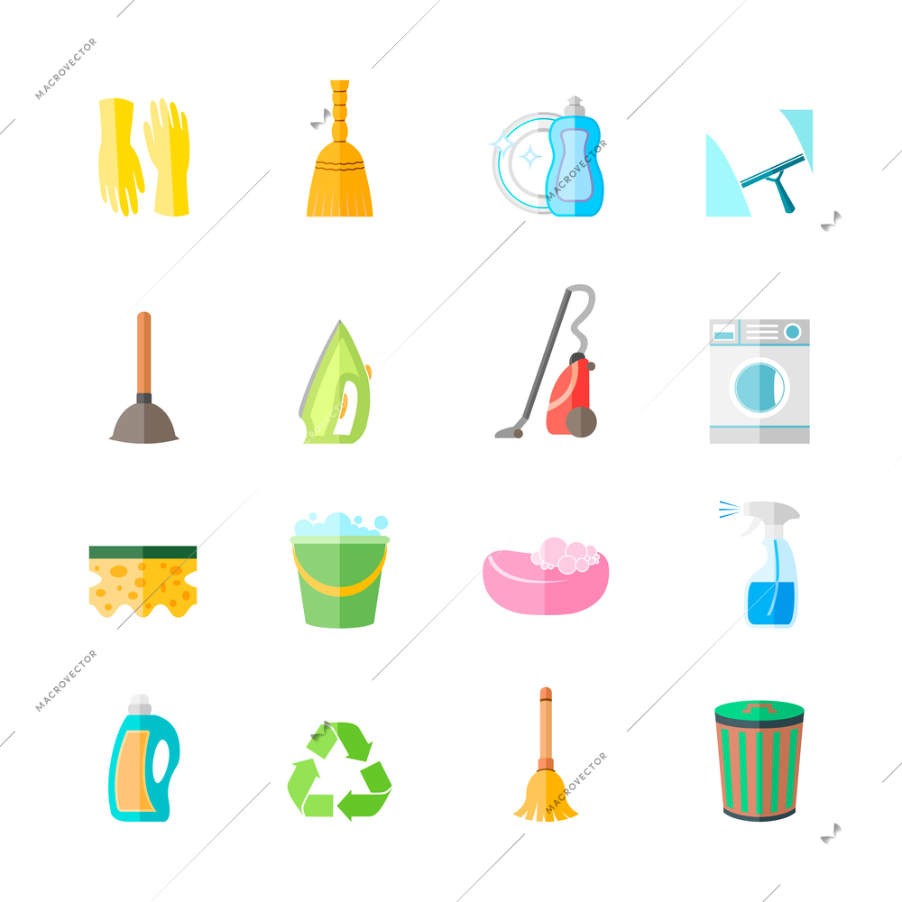 Cleaning housework equipment icons set of gloves spray iron brush isolated vector illustration