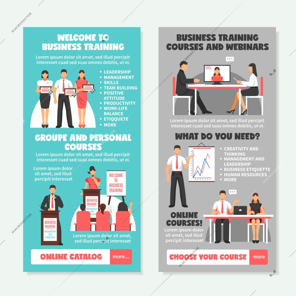 Business training vertical banners with presentation of different types of learning and teaching strategies vector illustration