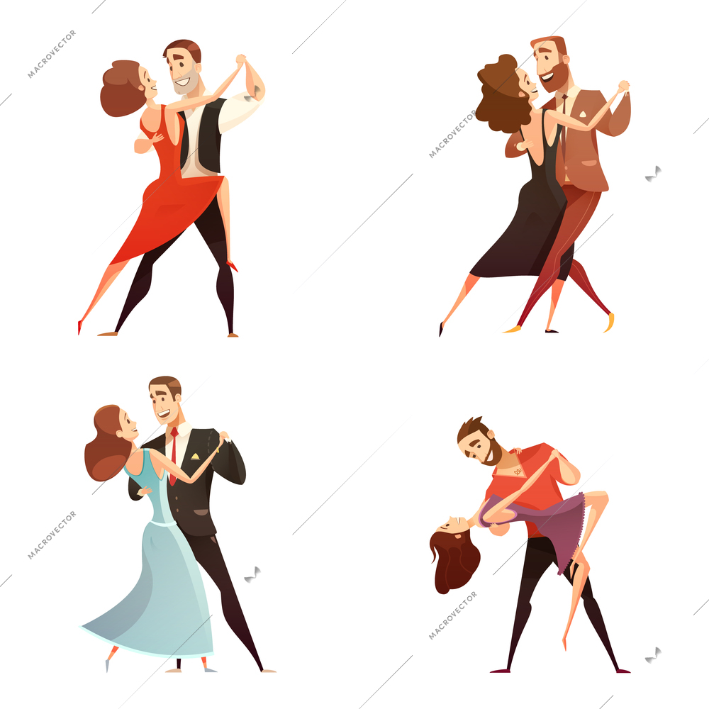 Dance pair retro cartoon set of men and women dancing together in classic repertoire flat vector illustration
