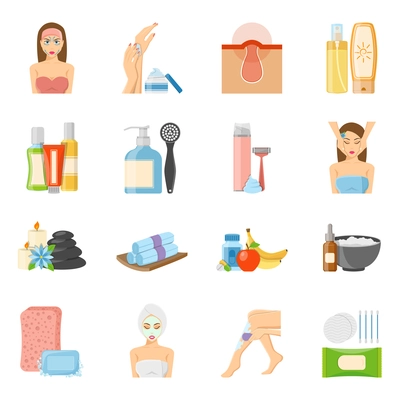 Skincare and bodycare flat colored icons set with wax strips sponge spa and aroma therapy accessories isolated vector illustration