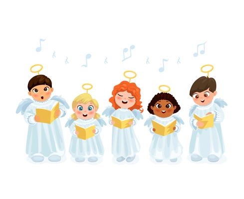 Little kids in angel costumes going Christmas caroling flat vector illustration