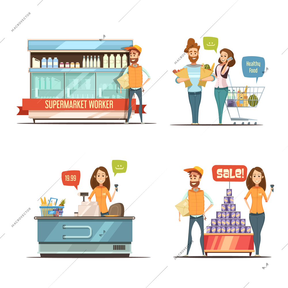 Shopping in supermarket retro cartoon icons collection with grocery cart dairy racks and customers isolated vector illustration