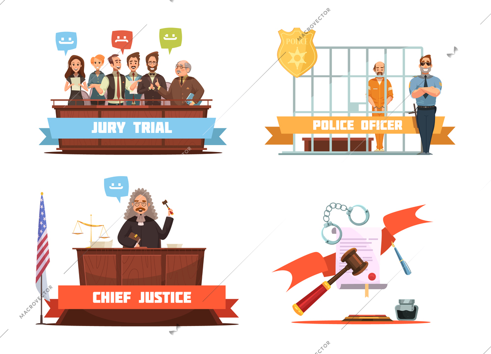 Criminal trial jury verdict and police officer with suspect 4 retro cartoon icons composition isolated vector illustration