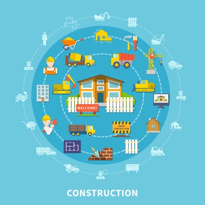 Flat construction elements with building tools equipment vehicles transport house and workers isolated vector illustration