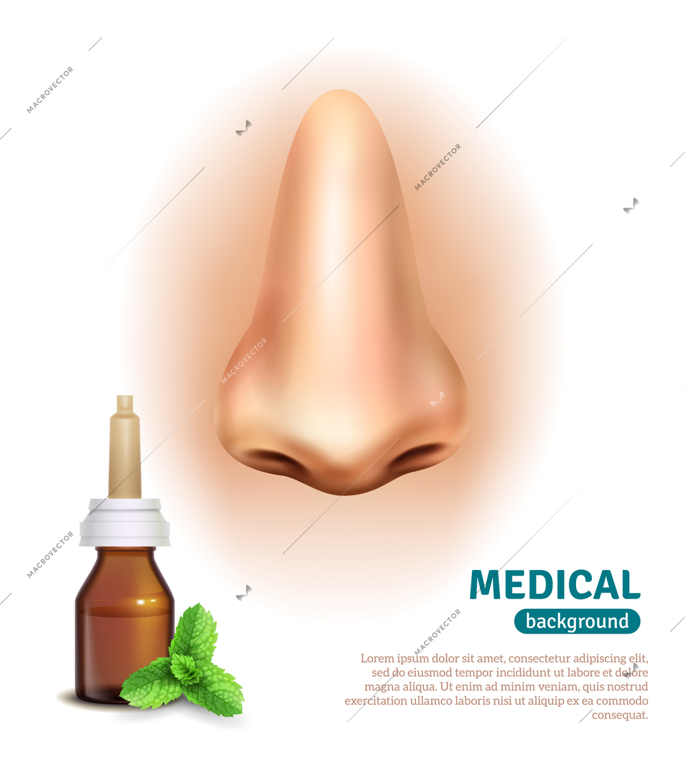 Medical advertisement poster with mint nasal spray for cold relief and big nose on background realistic vector illustration