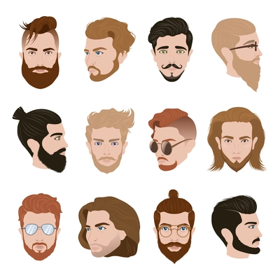 Men hairstyle collection with beards moustache glasses of different colors isolated vector illustration